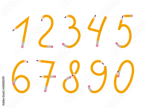 Set of numbers pencil shape font. Doodle number characters, back to school concept. Vector illustration isolated on white background