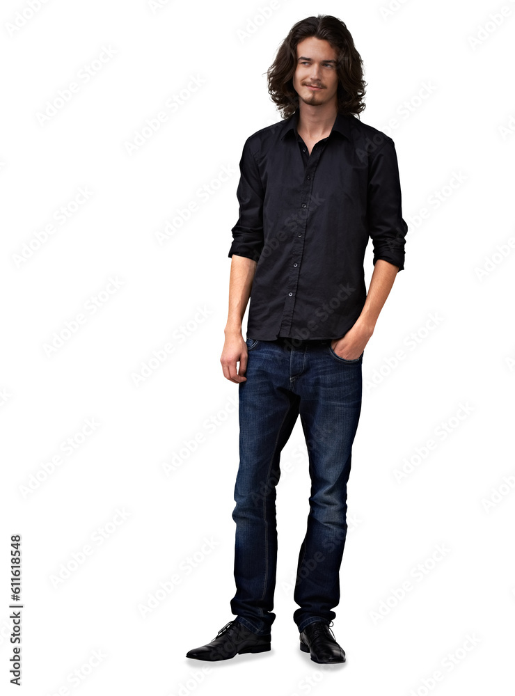 Thinking, fashion and man with long hair on isolated, transparent and png background, thoughtful or Spanish. Trendy, punk and male model in modern casual clothes, outfit and grunge aesthetic Thinking, fashion and man with long hair on isolated, transparent and png background, thoughtful or Spanish. Trendy, punk and male model in modern casual clothes, outfit and grunge aesthetic