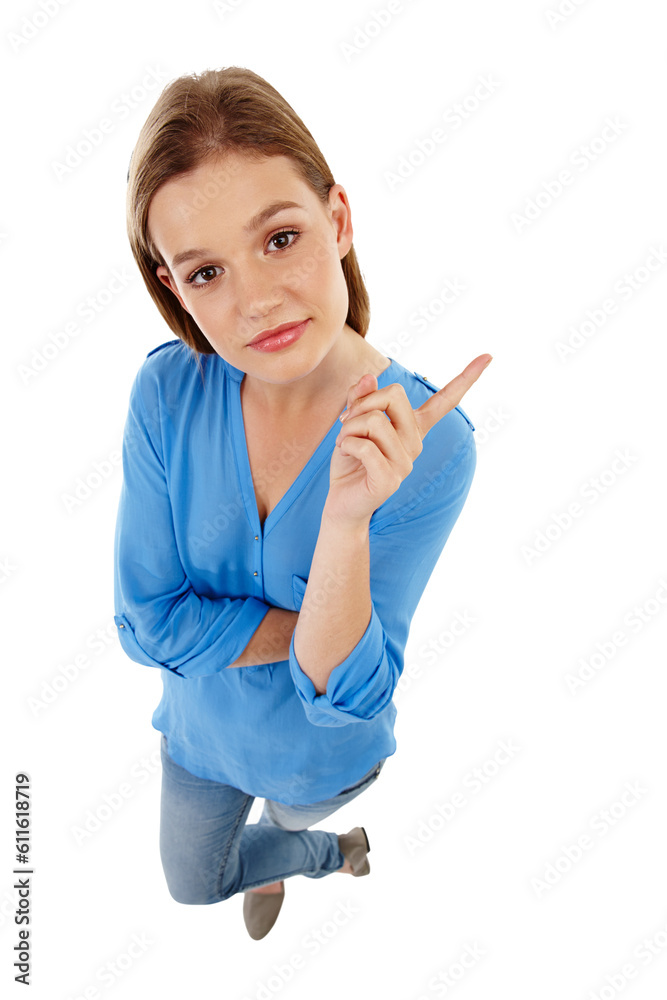 Girl pointing at announcement, advertising and deal with news isolated on transparent png background. Young female teen ambassador, opportunity with brand marketing and presentation in above portrait Girl pointing at announcement, advertising and deal with news isolated on transparent png background. Young female teen ambassador, opportunity with brand marketing and presentation in above portrait
