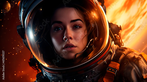 woman astronaut in spacesuit in space, ai generated