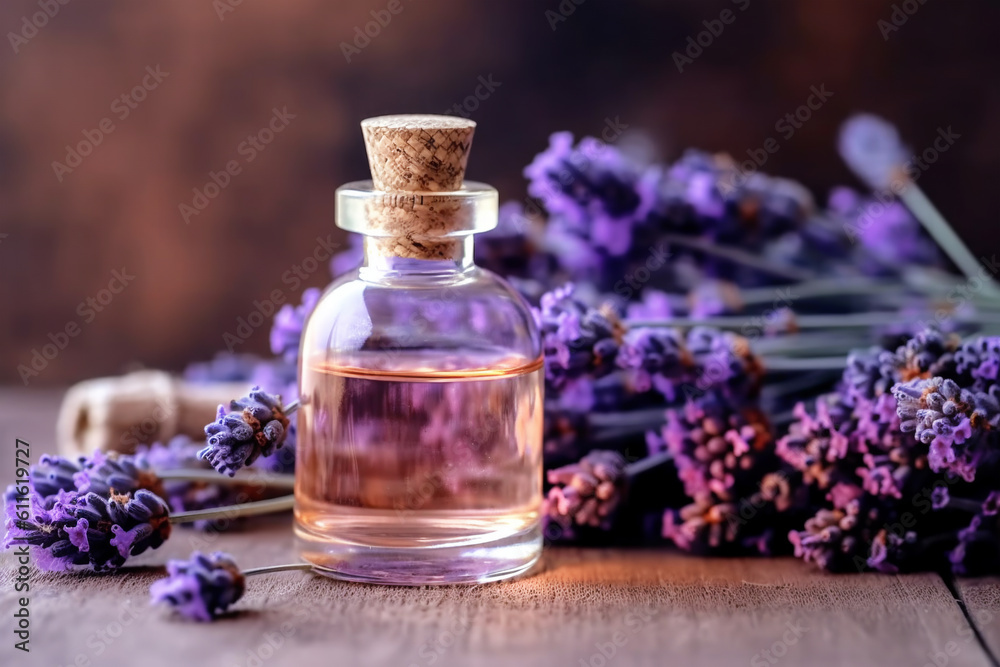 Glass vial with a stopper filled with lavender aroma oil. Concept of aromatherapy, alternative medicine treatment with oils. Generated by AI Glass vial with a stopper filled with lavender aroma oil. Concept of aromatherapy, alternative medicine treatment with oils. Generated by AI