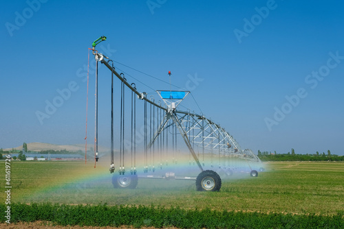Canvastavla Early morning view of the field irrigated by the central pivot sprinkler system