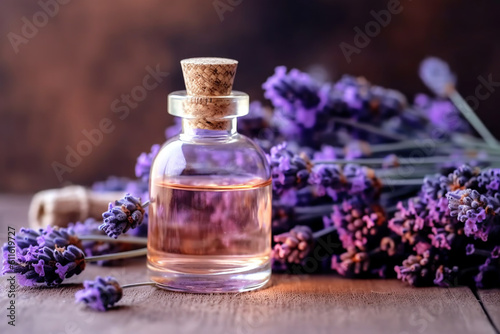 Glass vial with a stopper filled with lavender aroma oil. Concept of aromatherapy  alternative medicine treatment with oils. Generated by AI