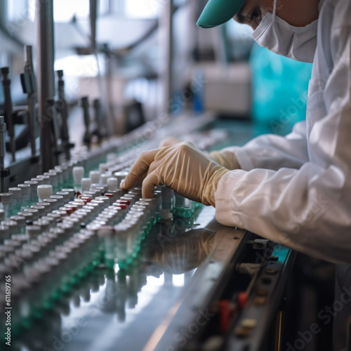 A hand wearing sanitary gloves inspecting medical vials on a production line at a pharmaceutical factory. A pharmaceutical machine is operating on a production line for pharmaceutical glass bottle man © Linus
