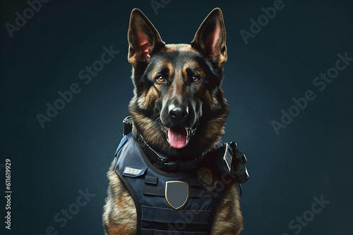 Service dog of the German Shepherd breed in a police uniform. The rescue dog looks into the camera. Generated by AI