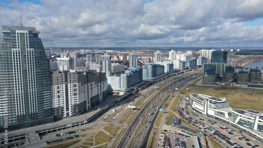 Minsk, Belarus - 31.03.2023: A bird's-eye view of Pobediteley Avenue, the main street of Minsk, where the government highway runs. Modern Minsk. Minsk, Belarus - 31.03.2023: A bird's-eye view of Pobediteley Avenue, the main street of Minsk, where the government highway runs. Modern Minsk.