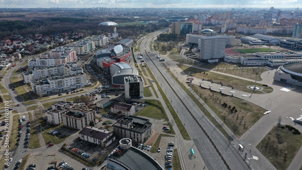 Minsk, Belarus - 31.03.2023: Panorama of Minsk. A panoramic bird's-eye view of the Belarusian capital. A new residential neighborhood in Minsk - 