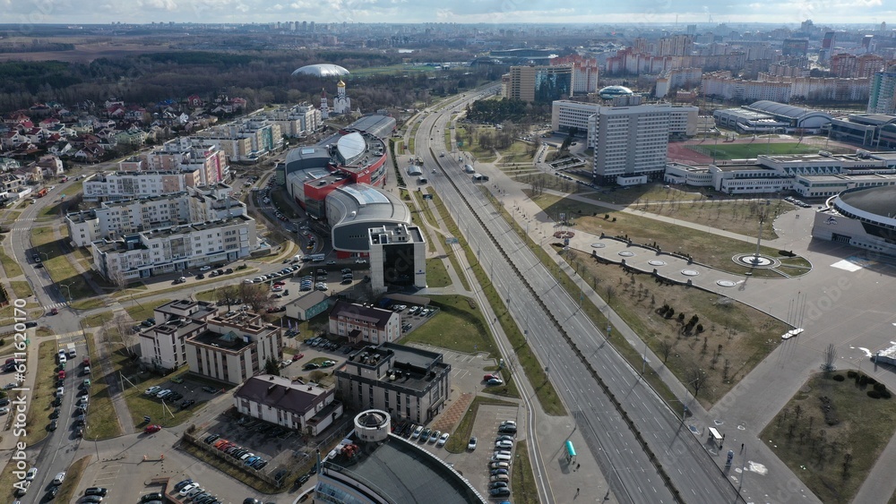Fototapeta premium Minsk, Belarus - 31.03.2023: Panorama of Minsk. A panoramic bird's-eye view of the Belarusian capital. A new residential neighborhood in Minsk - 
