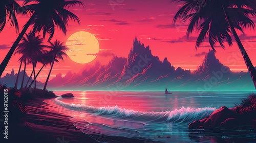 Retrowave Beach Landscape mit Palmen, Strand, Wellen, Sonne und Sonnenuntergang. Synthwave, Futuresynth, Outrun. Querformat. Generative Ai.