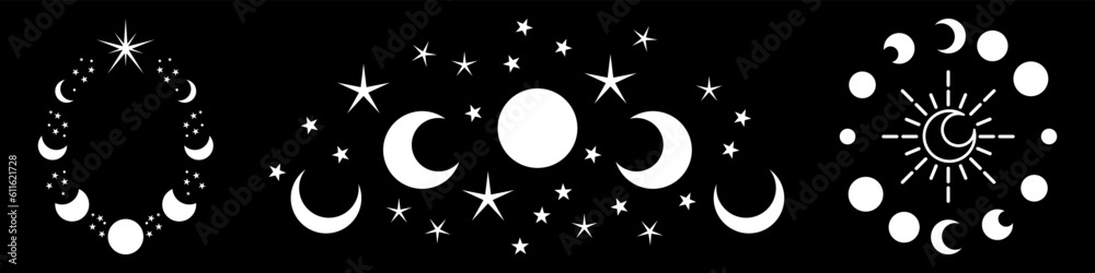 Magic moon and stars icon. Graphic elements for astrology. Boho witch and magic symbol. White goth moon illustration isolated on black background. Vector EPS 10 Magic moon and stars icon. Graphic elements for astrology. Boho witch and magic symbol. White goth moon illustration isolated on black background. Vector EPS 10