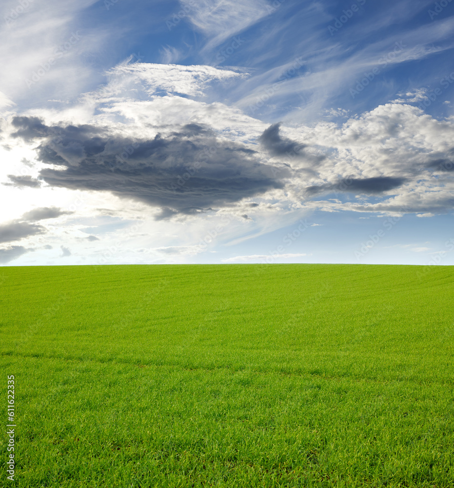 Nature, clouds and hill with landscape of field for farm mockup space, environment and ecology. Plant, grass and horizon with countryside meadow for spring, agriculture and sustainability