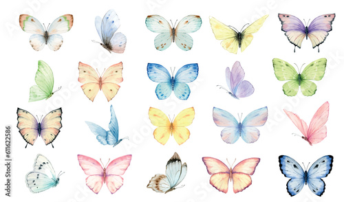 Watercolor vector set of bright hand-painted butterflies.