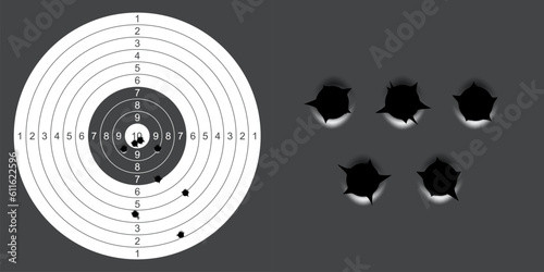 Target with bullet holes, big circle with range and score mark, cracks and holes from gun