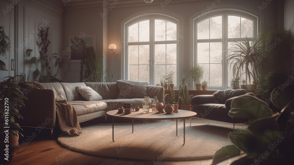 Interior of light living room with sofas, houseplants and table. Interior of light living room with sofas, houseplants and table.