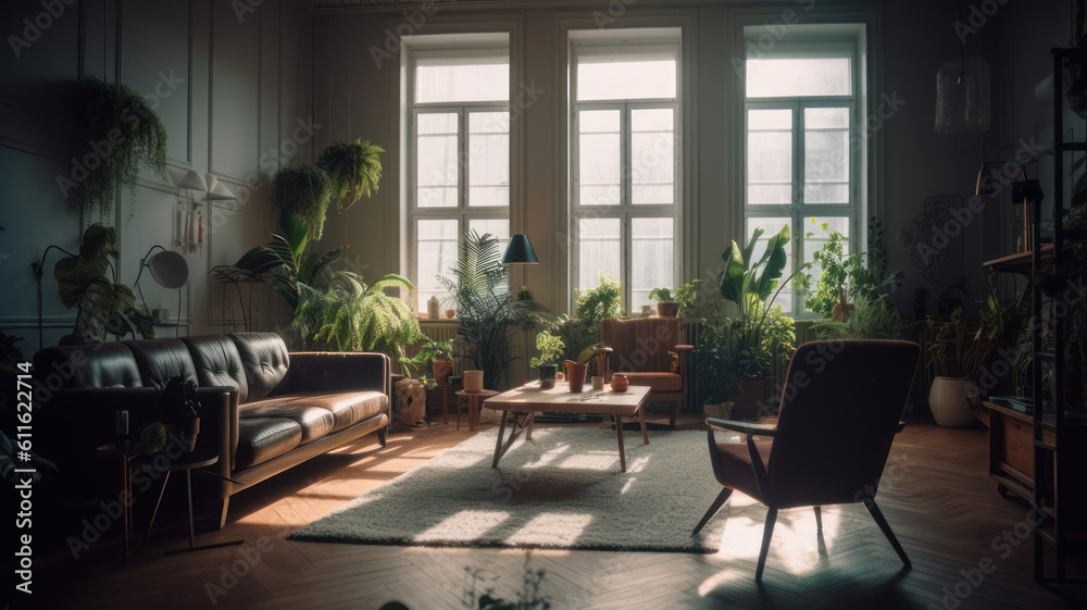 Interior of light living room with sofas, houseplants and table. 