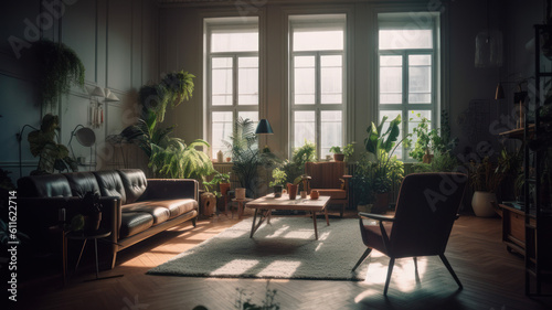 Interior of light living room with sofas, houseplants and table.  © Matthew