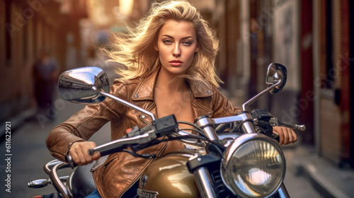 Young Pretty woman on a Motorbike in the Streets of Rome Generative AI KI Illustration Wallpaper Journal