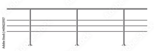 Steel fence with banisters. Architectural guardrail for balcony or office terrace vector illustration. Realistic horizontal seamless modern decoration front view isolated on white background