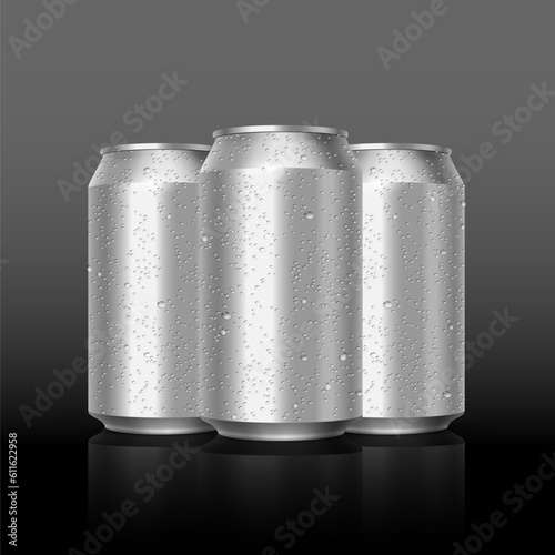 Cans mockup with water drops vector illustration. 3D realistic blank cylinder tin can with dew droplets of condensation, aluminium packages with cold fresh drink, group of wet metal packagings