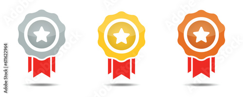  Gold, silver and bronze badge icon set in trendy flat style, Reward badges for winners, quality certificate and prize warranty