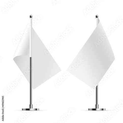 Desk or table flags on chrome poles mock up. White paper or fabric flags on metal stands. Promotional and advertising vector template isolated on white background