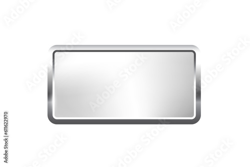 Silver rectangle button with frame vector illustration. 3d steel glossy elegant design for empty emblem, medal or badge, shiny and gradient light effect on plate isolated on white background