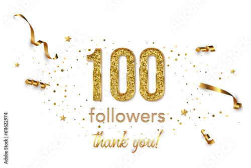 100 followers celebration horizontal vector banner. Social media achievement poster. One hundred followers thank you lettering. Golden sparkling confetti ribbons. Shiny gratitude text on white