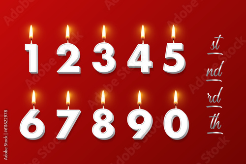 Birthday cake candles set, 3D realistic white numbers with frame and candlelight