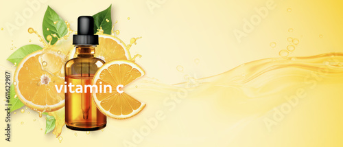 Composition featuring a glass dropper vial of vitamin c serum, orange slices, drops, splashes of orange juice on light orange background. Space for copy. Optional "Vitamin C" text layer.