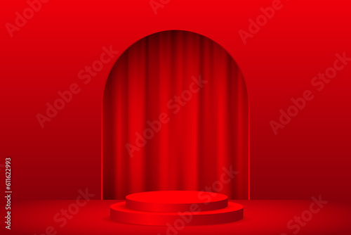 3D luxury podium, red curtain in arch of doorway, showcase pedestal for premium products