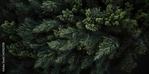 Close up of evergreen conifer fir, spruce, pine. Macro Shoot coniferous branch. Nature forest background, wallpaper. Generative ai