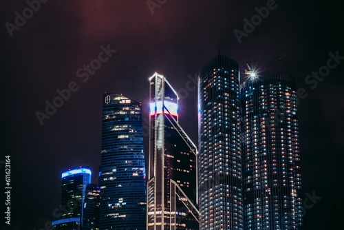 Moscow, Russia - 8 June 2023: Night panoramic photo of the skyscrapers of the city of Moscow, Moscow City.