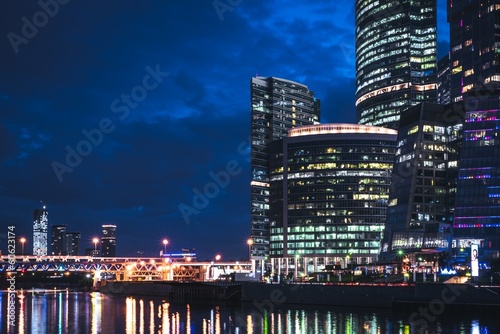 Moscow, Russia - 8 June 2023: Night panoramic photo of the skyscrapers of the city of Moscow, Moscow City.