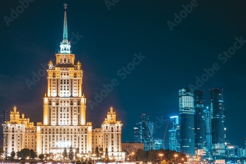 Moscow, Russia - 8 June 2023: Night panoramic photo of Moscow, hotel "Ukraine" against the backdrop of skyscrapers Moscow City.