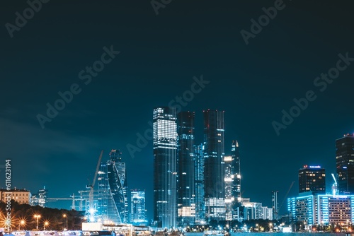 Moscow, Russia - 8 June 2023: Night panoramic photo of the skyscrapers of the city of Moscow, Moscow City.