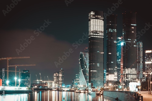 Moscow, Russia - 8 June 2023: Night panoramic photo of the skyscrapers of the city of Moscow, Moscow City.