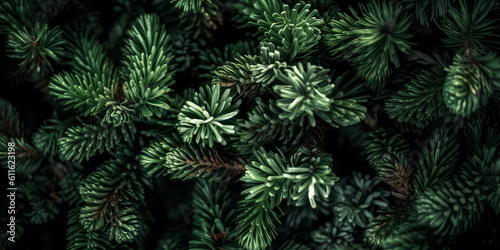 Close up of evergreen conifer fir  spruce  pine. Macro Shoot coniferous branch. Nature forest background  wallpaper. Generative ai