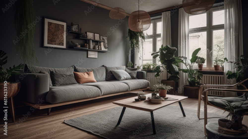 Interior of bright living room with cozy grey sofas and coffee table. Interior of bright living room with cozy grey sofas and coffee table.