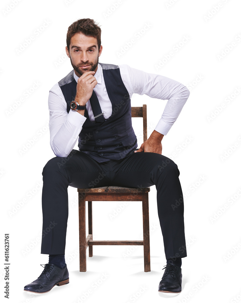 Portrait, fashion and a confident man on a chair in formal clothes isolated on transparent background for style. Handsome, confident or classy with a young male model sitting in smart clothing on PNG Portrait, fashion and a confident man on a chair in formal clothes isolated on transparent background for style. Handsome, confident or classy with a young male model sitting in smart clothing on PNG