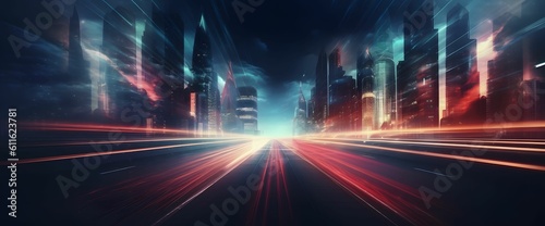 Light Trails with Motion Effect. Red and Blue High Speed Light Effect. Long Exposure. Generative AI © Resdika