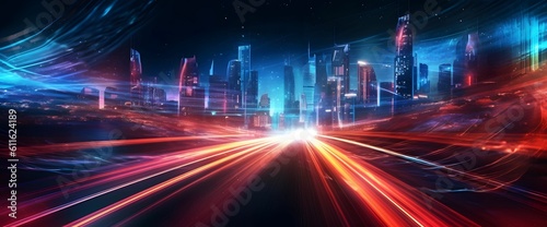 Light Trails with Motion Effect. Red and Blue High Speed Light Effect. Long Exposure. Generative AI