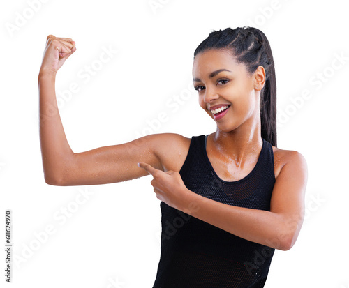 Woman point, portrait and arm flex with smile and surprise isolated on transparent, png background. Wellness, progress and strong muscle of female person and model with healthy body from fitness