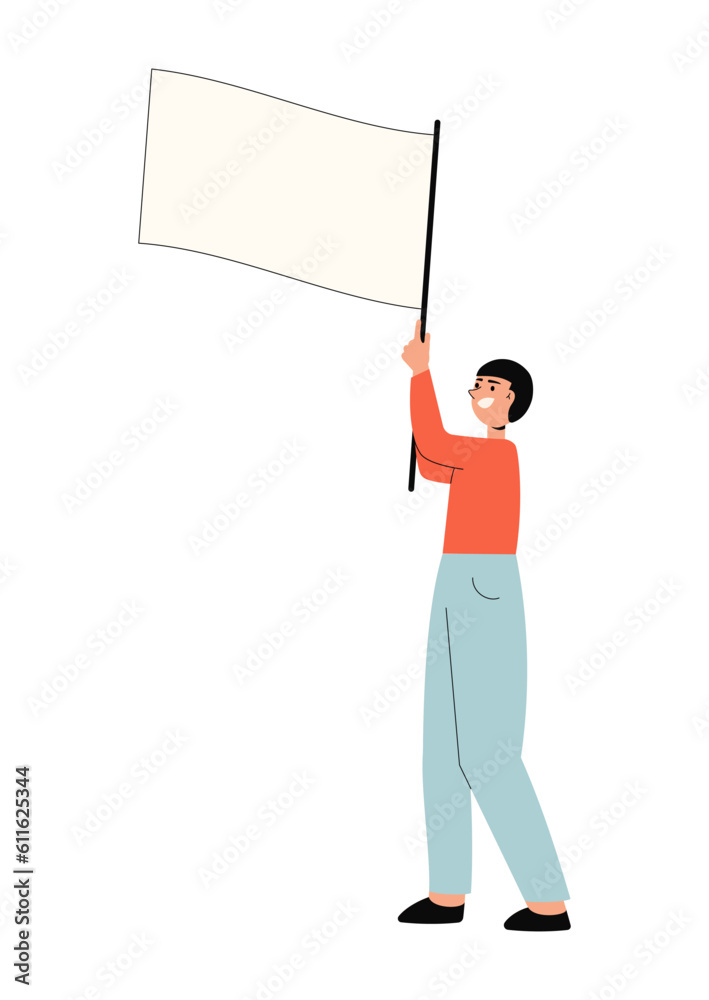 Male character protest holding blank placard, flag. Young person standing with white poster, peaceful demonstration. Vector illustration isolated on white background Male character protest holding blank placard, flag. Young person standing with white poster, peaceful demonstration. Vector illustration isolated on white background