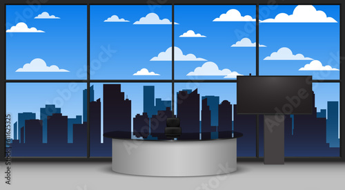 white table and lcd tv in the news studio room with city background