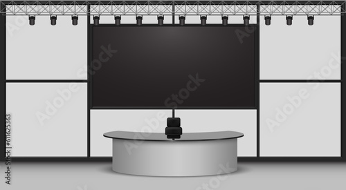 white table and lcd background in a news studio room