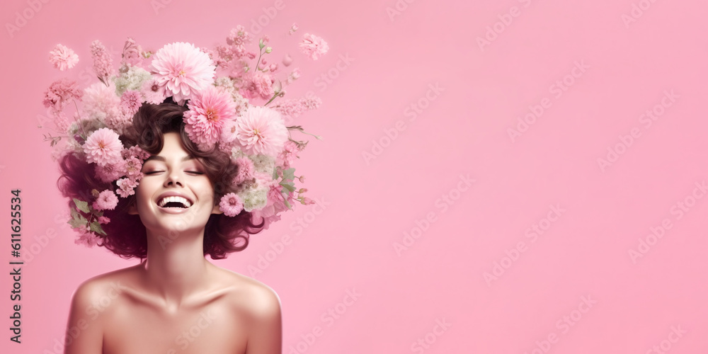 Ethereal Charm: A Serenely Happy Woman with Flowers in Her Hair