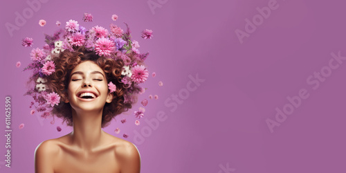 Ethereal Charm: A Serenely Happy Woman with Flowers in Her Hair