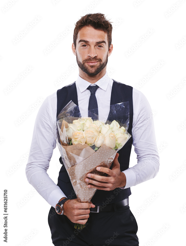 Portrait, fashion and a handsome gentleman with flowers in formal clothes isolated on a transparent background. Love, gift and romantic date with a classy young male model holding a bouquet on PNG Portrait, fashion and a handsome gentleman with flowers in formal clothes isolated on a transparent background. Love, gift and romantic date with a classy young male model holding a bouquet on PNG