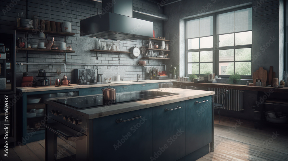 Interior of modern kitchen with grey counters, oven and electric stove. Interior of modern kitchen with grey counters, oven and electric stove.