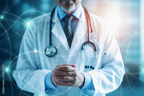A doctor wearing a white coat and stethoscope stands in front of a blue background Generative AI